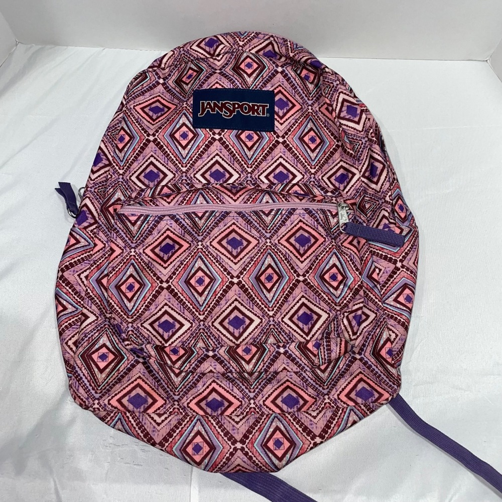 Jansport SuperBreak Backpack Pink Purple Geometric Diamond Ikat School Bag